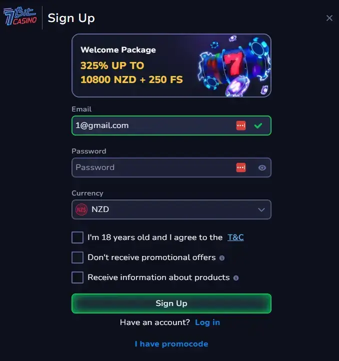 registration and sign up in 7bit